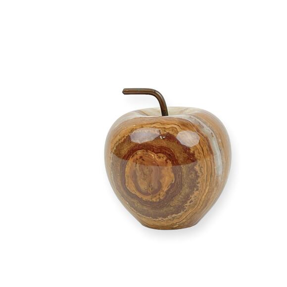 Paperweight Marble Agate Apple Home Decor Brown Cream Color Bands Metal Stem - Picture 1 of 10